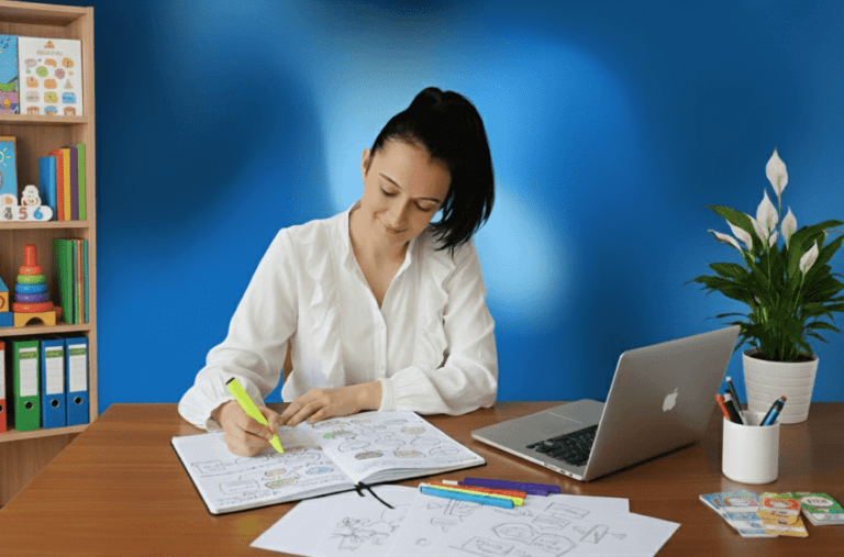 Obrazek z autorka strony, która pracuje przy komputerze