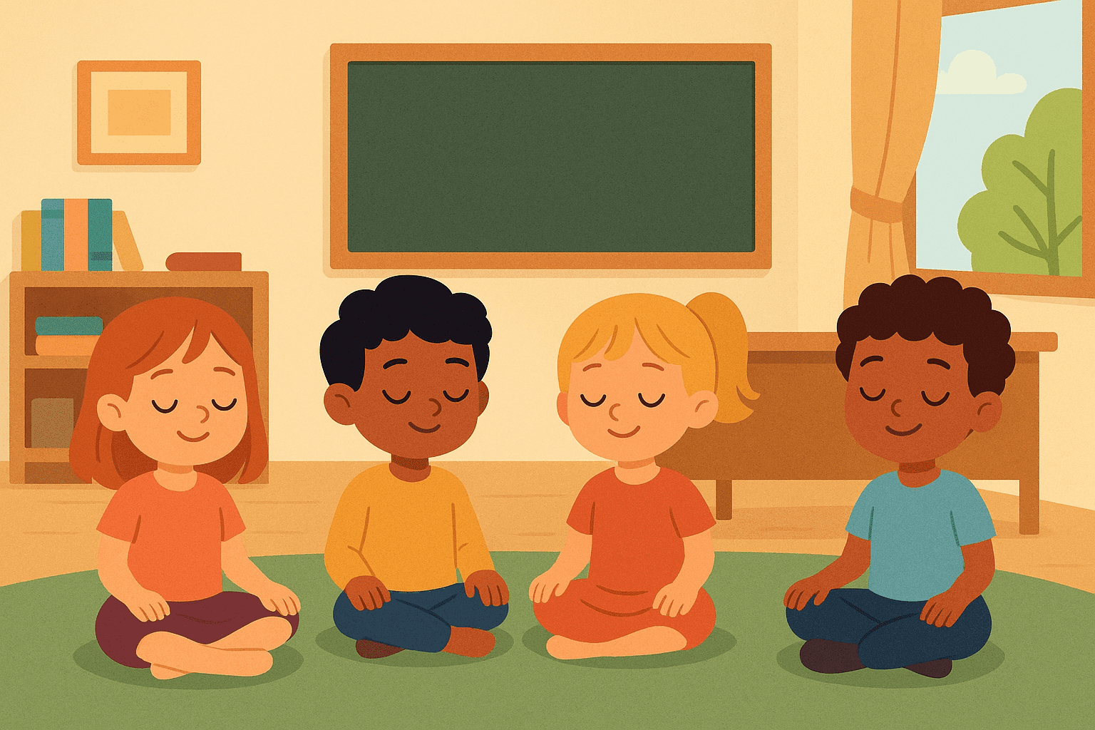 Dzieci siedzące na dywanie, które się wyciszają podczas zajęć